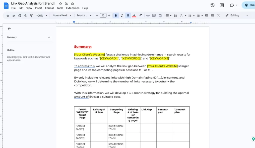 link gap analysis template