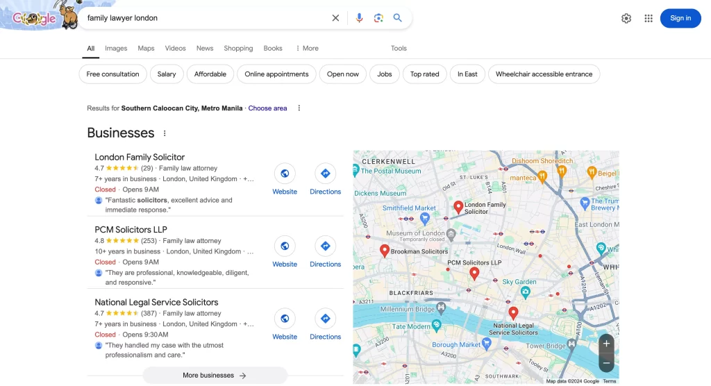 family law website rank for google map packs