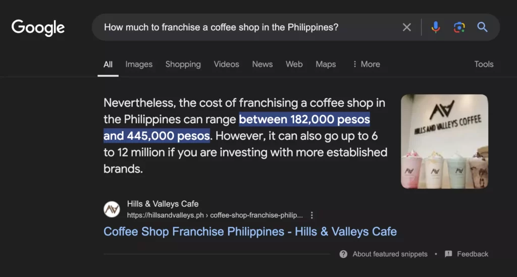 featured snippet coffee shop franchise