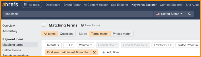 ahrefs first seen keywords link building for startups